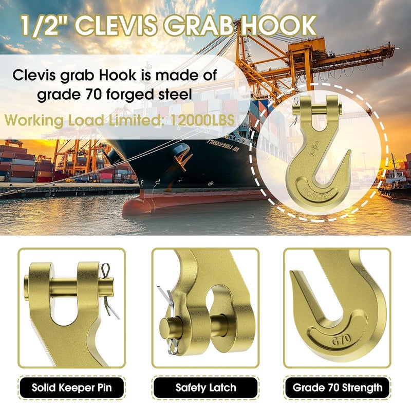 AODESTINY 1/2" Heavy Duty Chain Hook, 4 Pack Clevis Grab Hook for 1/2" Grade 70 Transport Chain, 12000LBS Load Capacity for Truck Trailer Tow Chain Transport Heavy Load - Image 5